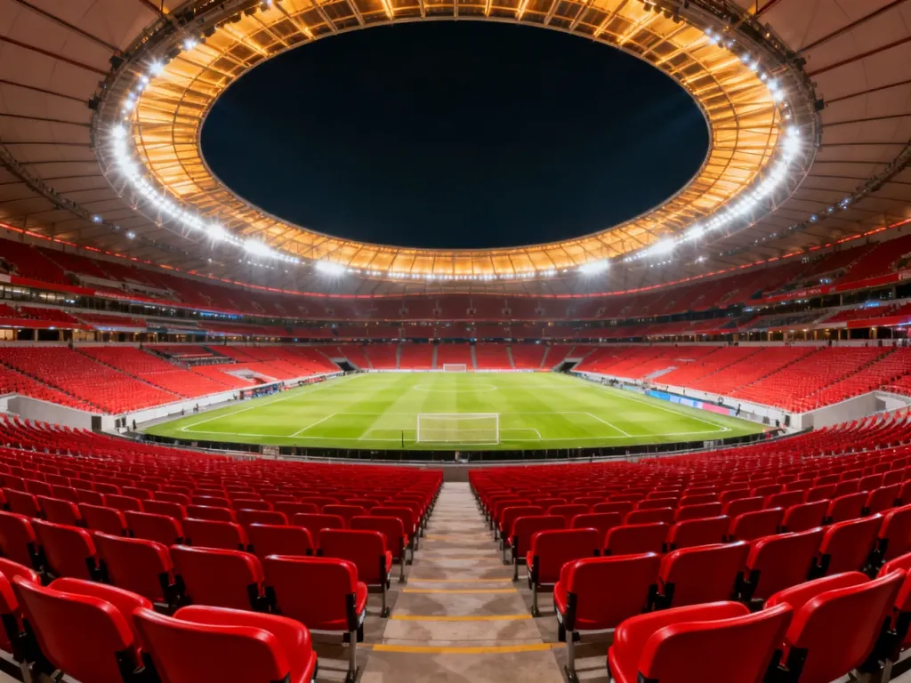 Widok na trybuny i płytę Stadionu Narodowego w Warszawie nocą, podkreślający skalę i architekturę obiektu.