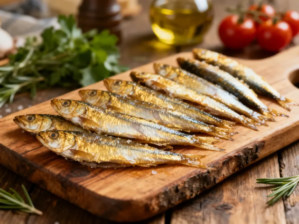 Słone filety anchois ułożone na rustykalnej desce do krojenia w otoczeniu świeżych ziół i oliwy.