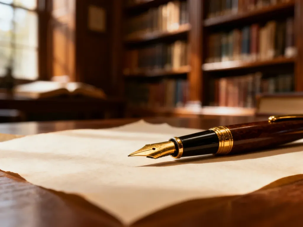 Eleganckie pióro wieczne spoczywające na pergaminie w przytulnej bibliotece, podkreślające wagę poprawnego pisania.
