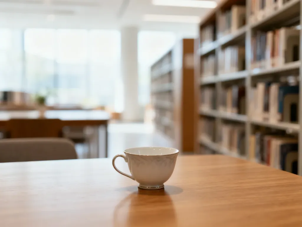 Pusta porcelanowa filiżanka na drewnianym stole w bibliotece, symbolizująca brak i pustkę.