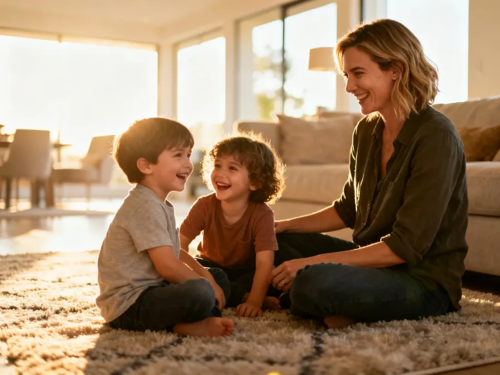 Au pair bawiąca się z dziećmi w przytulnym salonie, ukazująca ciepłą i przyjazną atmosferę programu.