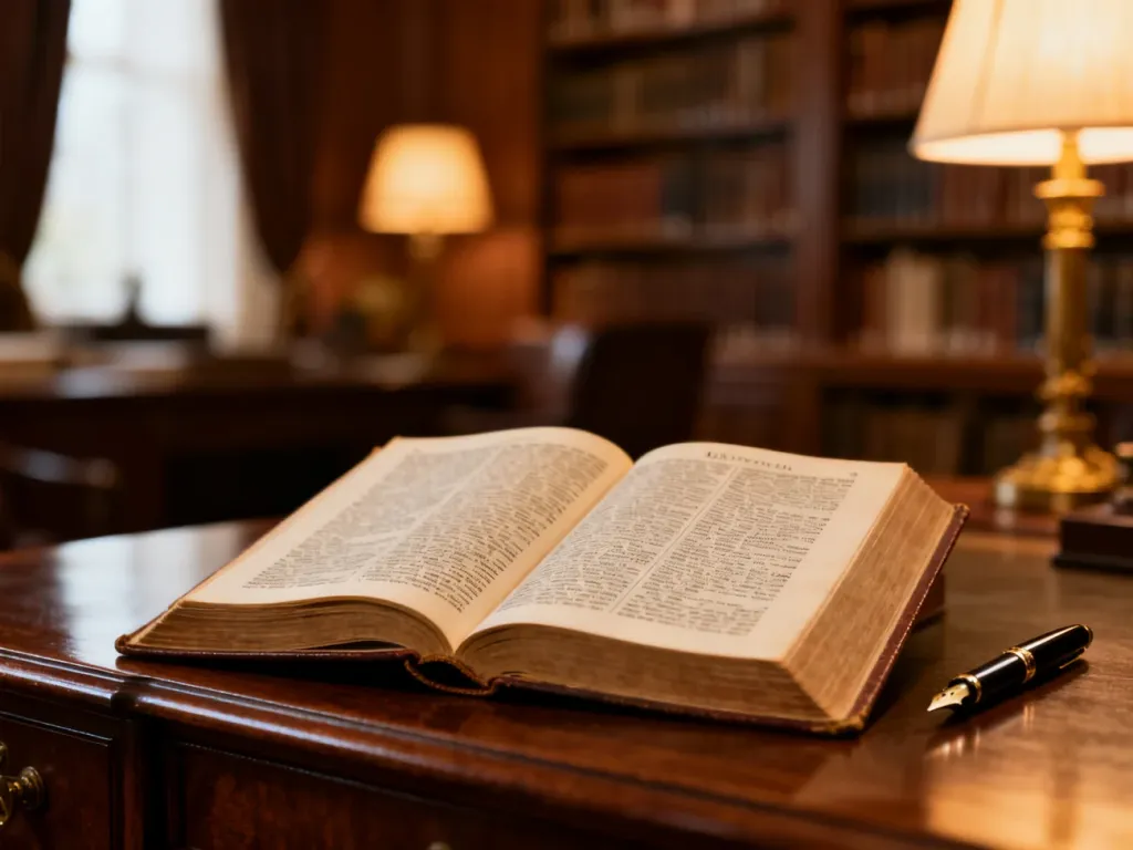 Otwarty słownik i pióro wieczne na drewnianym biurku w przytulnej bibliotece, nawiązujące do tematyki poprawnej polszczyzny.