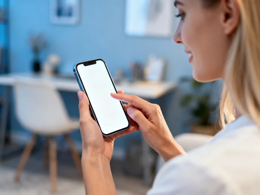 Kobieta trzymająca smartfon podczas udostępniania treści w mediach społecznościowych w domowym biurze.