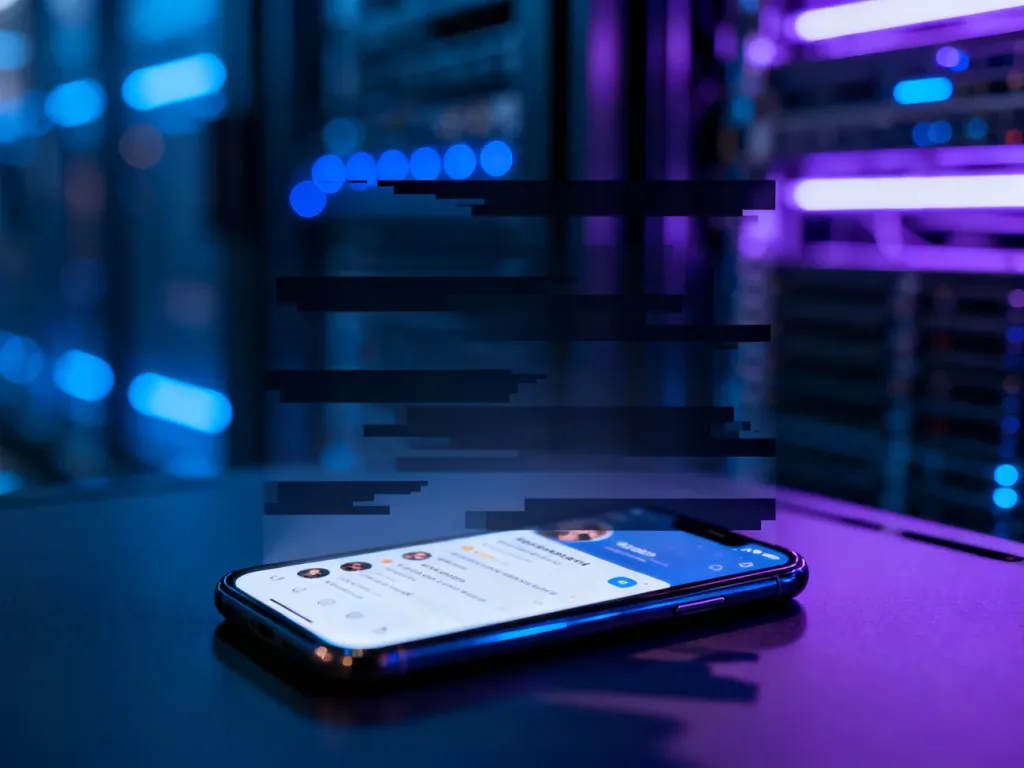 Smartfon z interfejsem mediów społecznościowych przesłonięty cyfrowymi zakłóceniami, symbolizujący ograniczenia shadowbana.