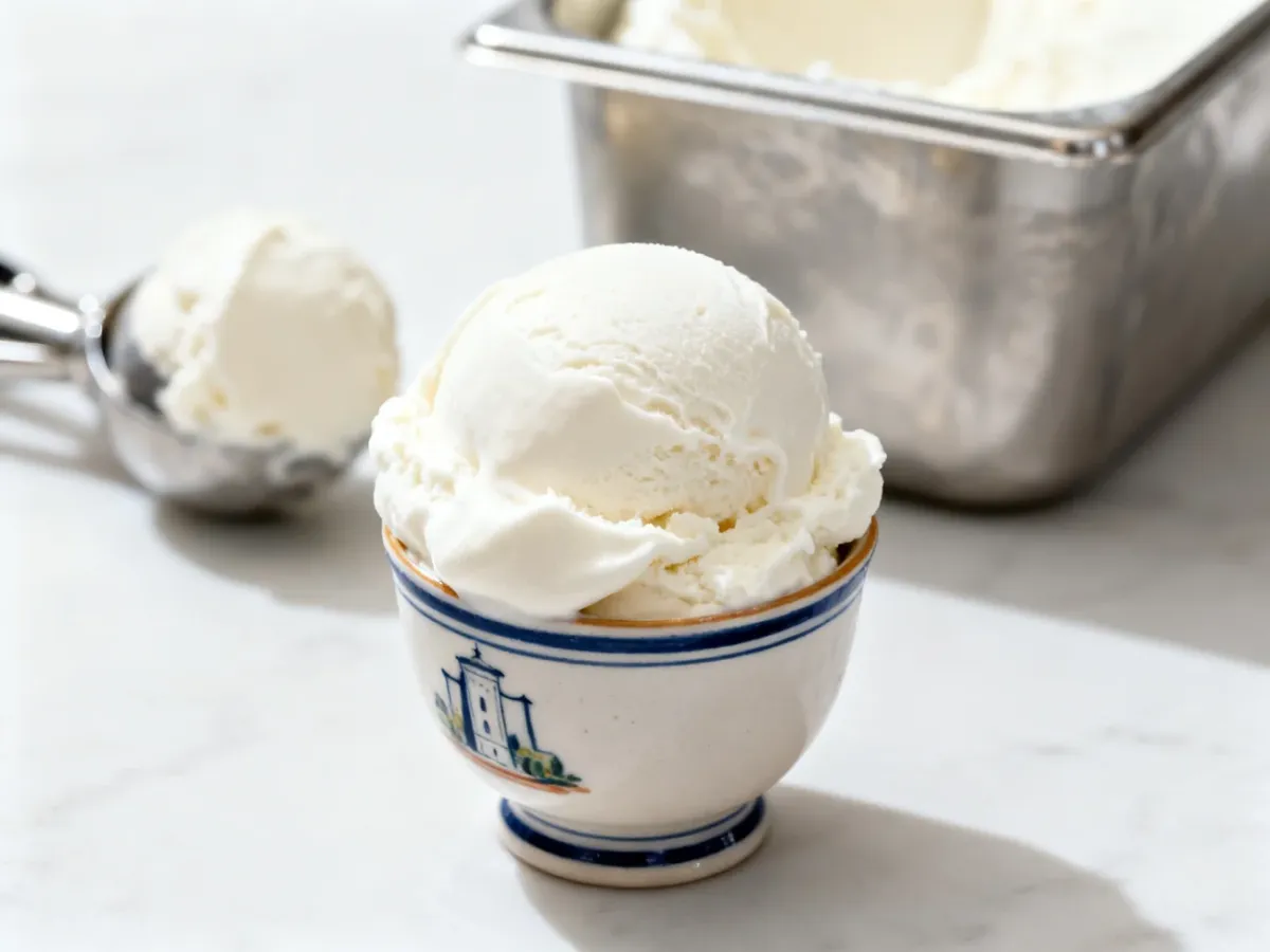 Kremowe lody fior di latte w ceramicznym pucharku