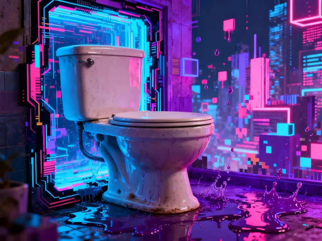 Surrealistyczna grafika 3D przedstawiająca toaletę wyłaniającą się z cyfrowego portalu w neonowym, abstrakcyjnym świecie.