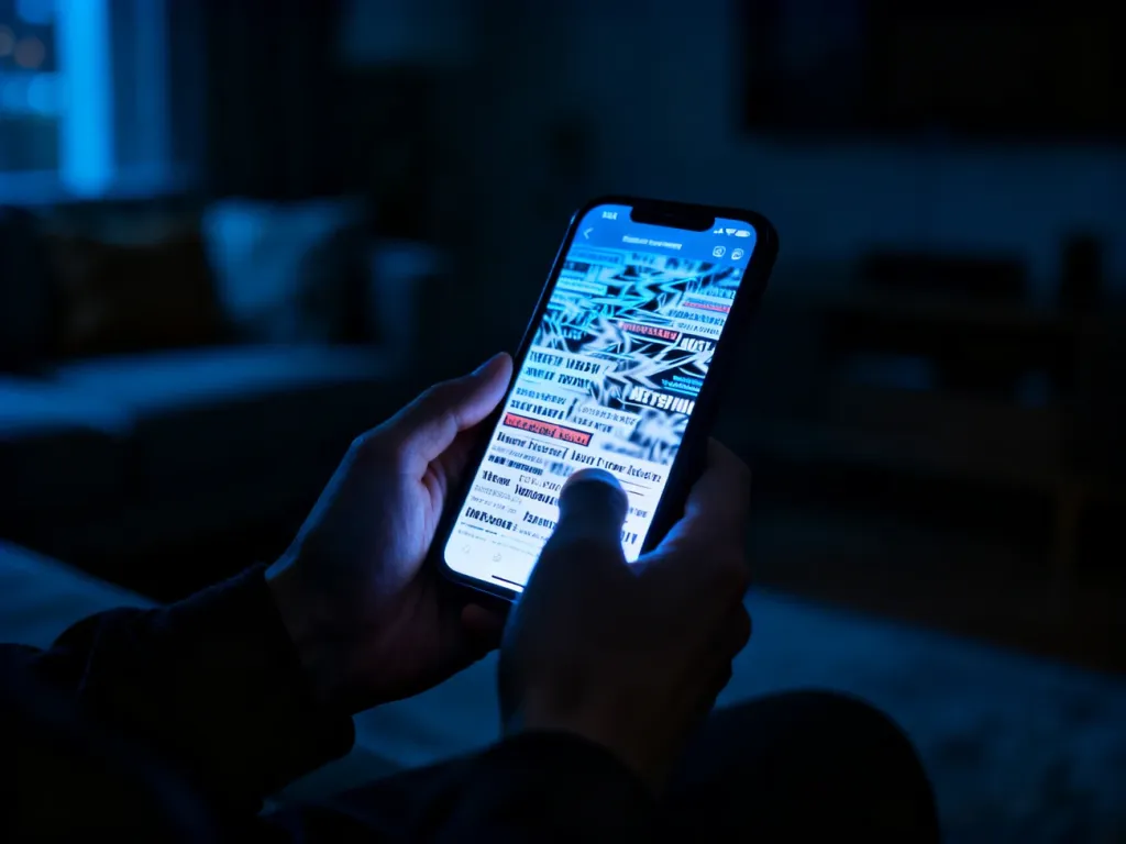 Osoba przeglądająca w nocy telefon, co symbolizuje kompulsywne śledzenie negatywnych wiadomości (doomscrolling).