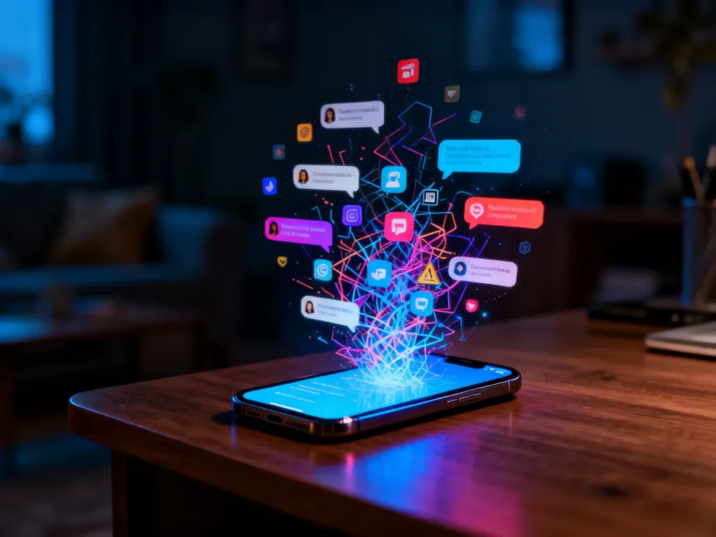Smartfon świecący w ciemności z chaotycznym strumieniem powiadomień, symbolizujący cyfrowe przeciążenie i lęk przed FOMO.