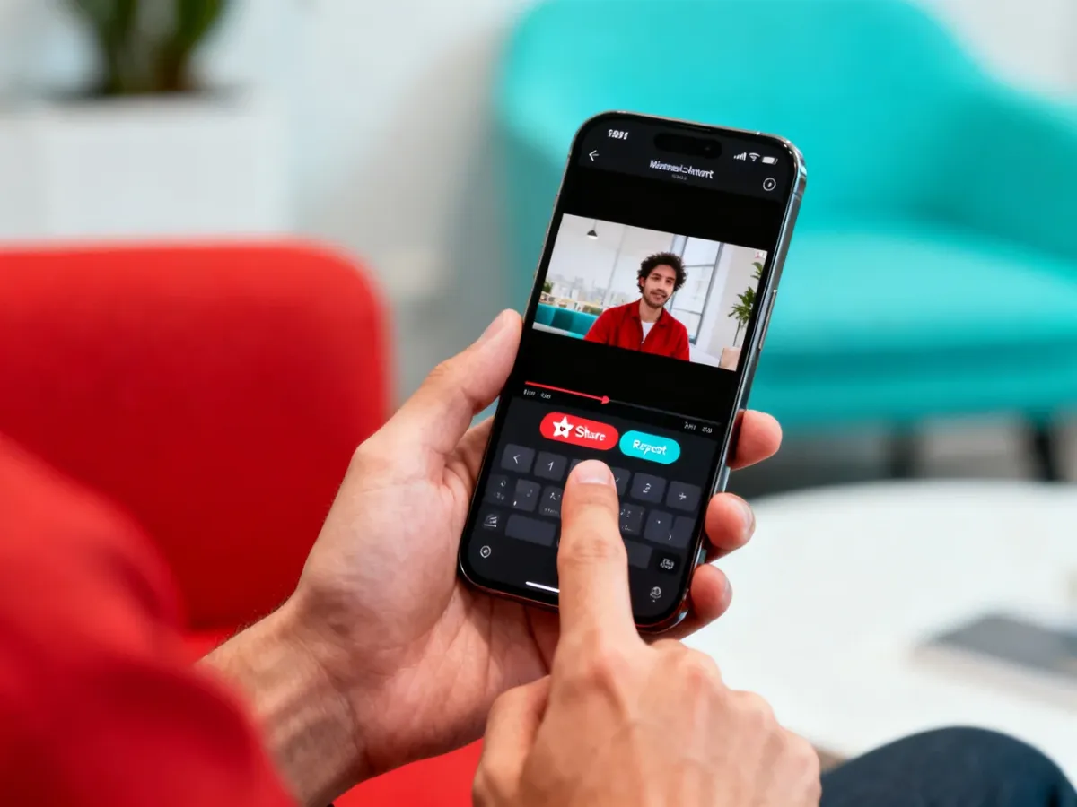 Smartfon z aplikacją społecznościową i opcją repostowania filmu