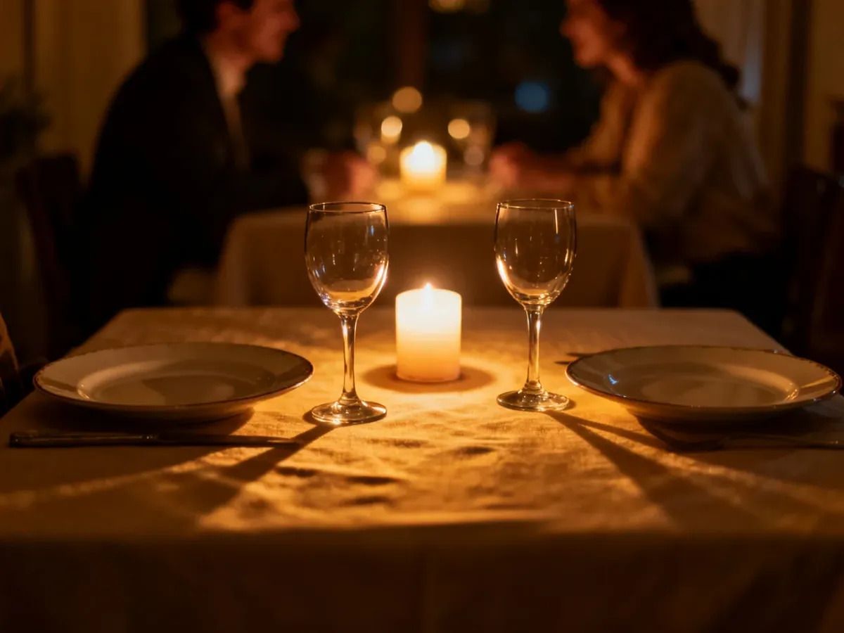 Dwa nakrycia przy romantycznej kolacji przy świecach