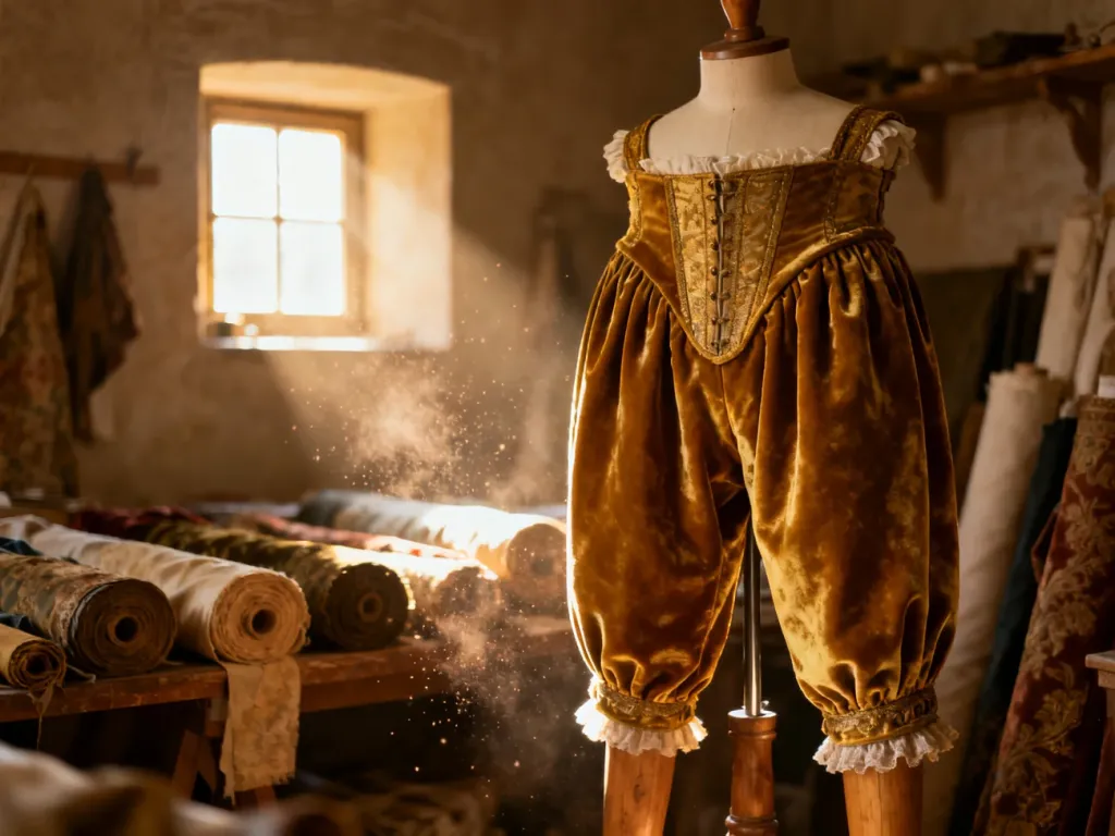 Renesansowe pludry wyeksponowane na drewnianym manekinie w historycznej pracowni krawieckiej.