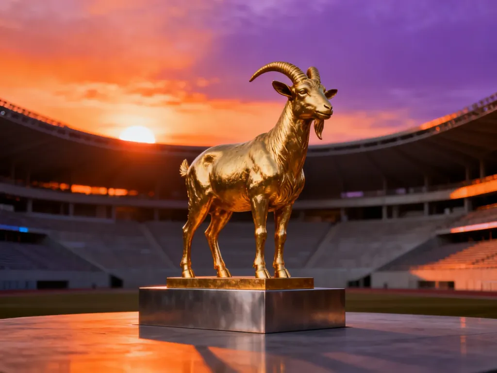 Złoty posąg kozła na postumencie w centrum nowoczesnego stadionu o zachodzie słońca, symbolizujący określenie GOAT.