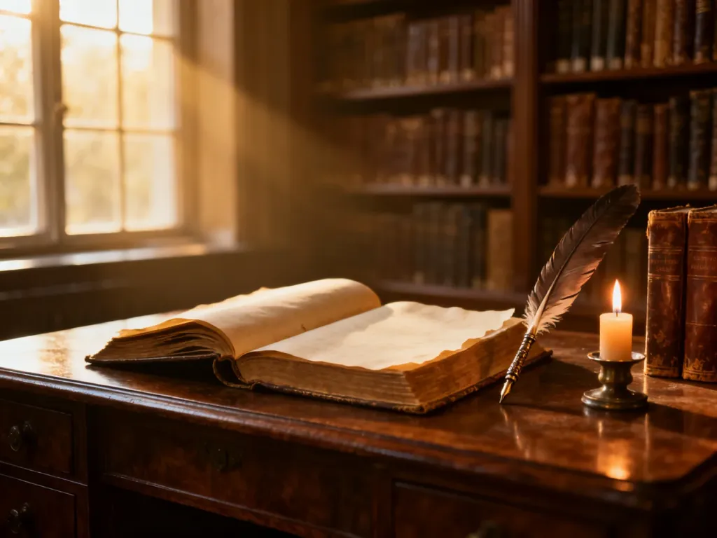 Otwarte antyczne księgi z piórem na biurku w bibliotece, symbolizujące proces twórczy i literacką refleksję.