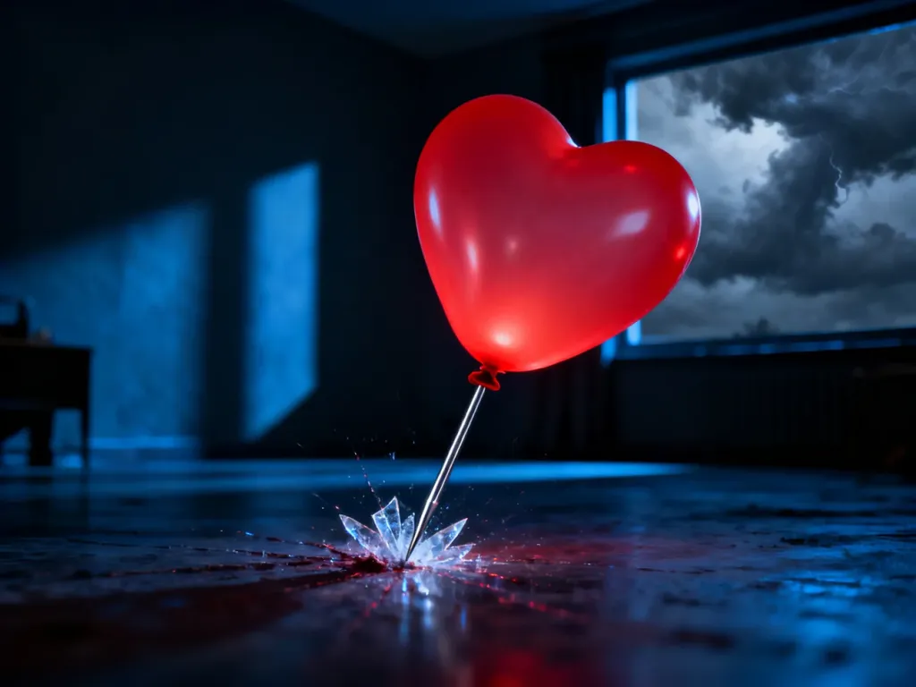 Czerwony balon w kształcie serca przebijany igłą, symbolizujący pęknięcie iluzji i bolesną manipulację w toksycznym związku.