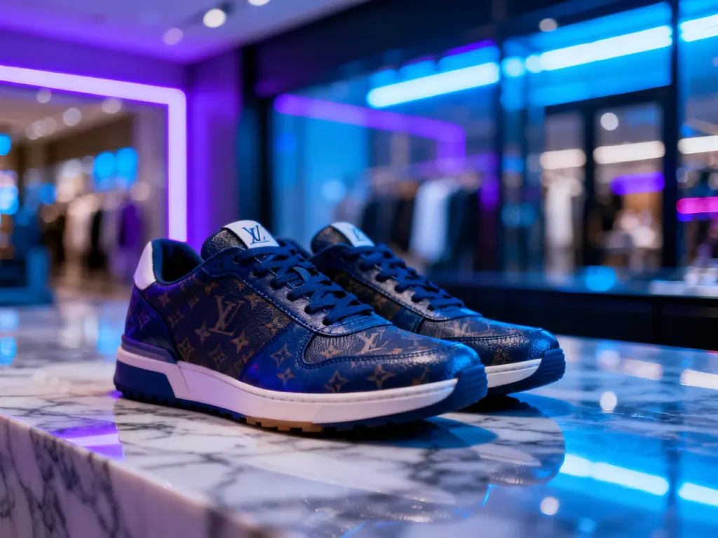 Luksusowe sneakersy na marmurowym podłożu w otoczeniu neonowego wnętrza, ilustrujące nowoczesny styl streetwearowy.