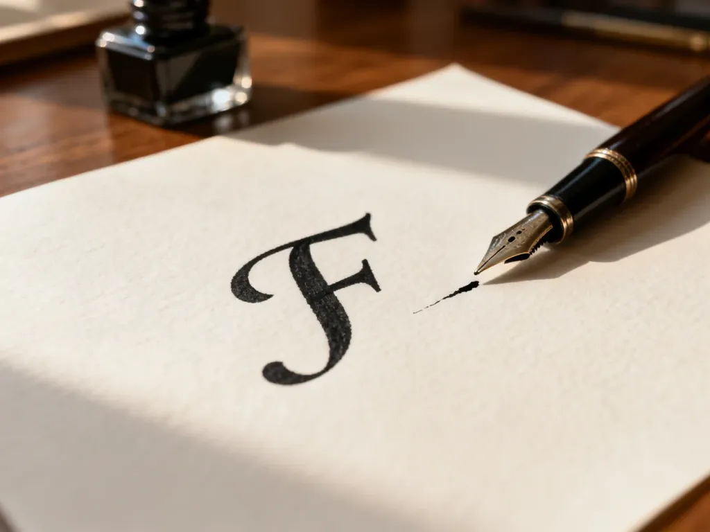 Elegancka, odręcznie napisana wielka litera „F” wykonana piórem wiecznym na wysokiej jakości papierze.