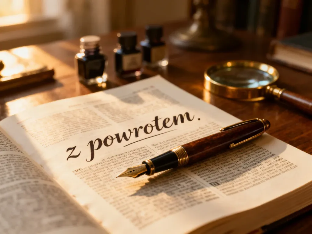 Eleganckie wieczne pióro leżące na otwartym słowniku z wyraźnie zaznaczonym zwrotem „z powrotem”.