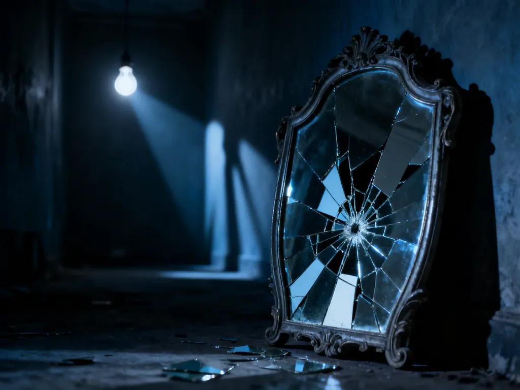 Stłuczone lustro w mrocznym pokoju, symbolizujące zniekształconą rzeczywistość i psychologiczną manipulację.