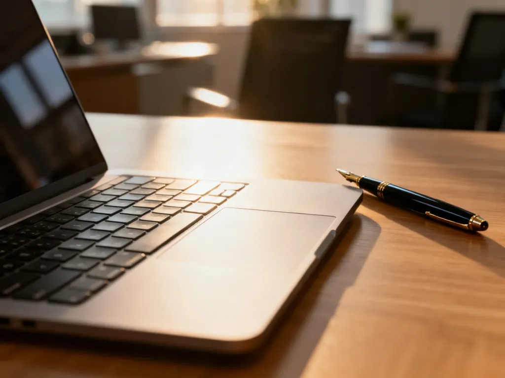 Nowoczesny laptop i pióro wieczne na drewnianym biurku, symbolizujące profesjonalne przygotowanie do pisania e-maili.
